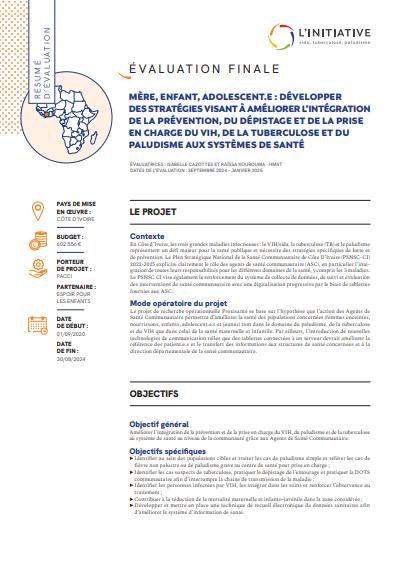 Couverture - résumé d'évaluation - Mère, enfant, adolescent.e améliorer la prise en charge du VIH, tuberculose et paludisme en Côte d’ivoire