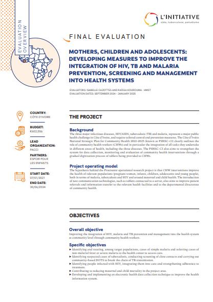 Cover - evaluation overview - Mothers, children, adolescents improving management of HIV, tuberculosis and malaria in Côte d’Ivoire
