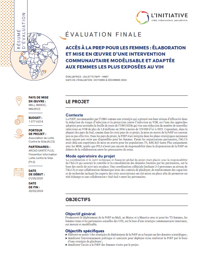Couverture résumé d’évaluation - PrEP pour les femmes : une intervention communautaire modélisable et adaptée aux femmes les plus exposées au VIH