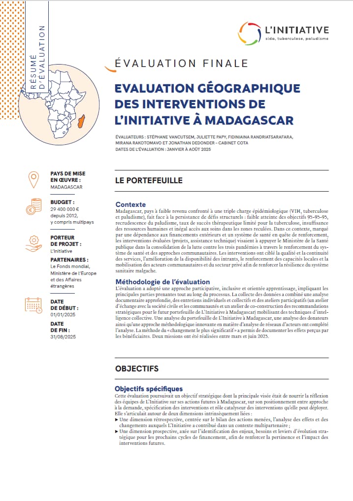 Page de couverture du résumé de l'évaluation géographique du soutien de L'Initiative à Madagascar
