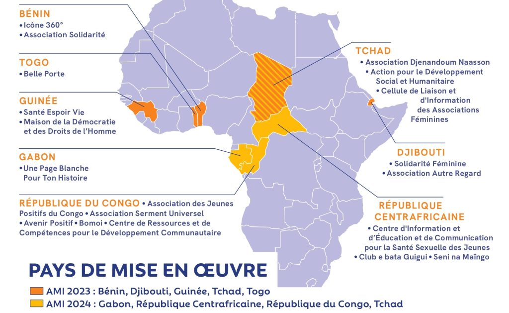 Carte des 19 organisations de la société civile accompagnées par le dispositif SOFIA dans 8 pays : Bénin, Djibouti, Gabon, Guinée, République centrafricaine, République du Congo, Tchad et Togo.