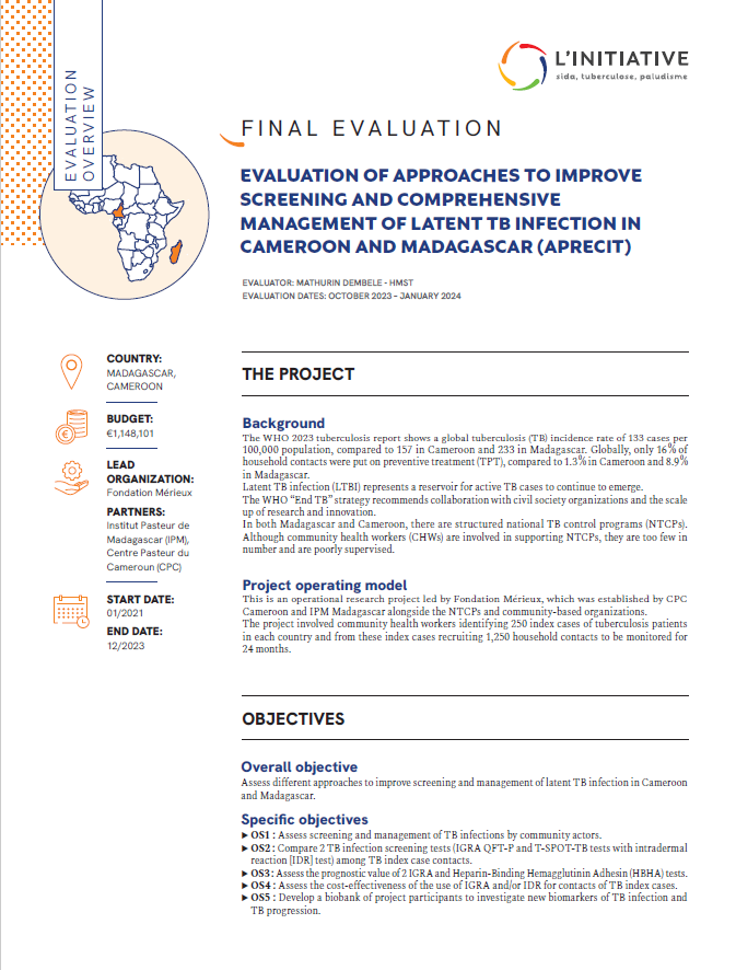 Evaluation overview - Improving screening and comprehensive management of latent tuberculosis infection in Cameroon and Madagascar (APRECIT)