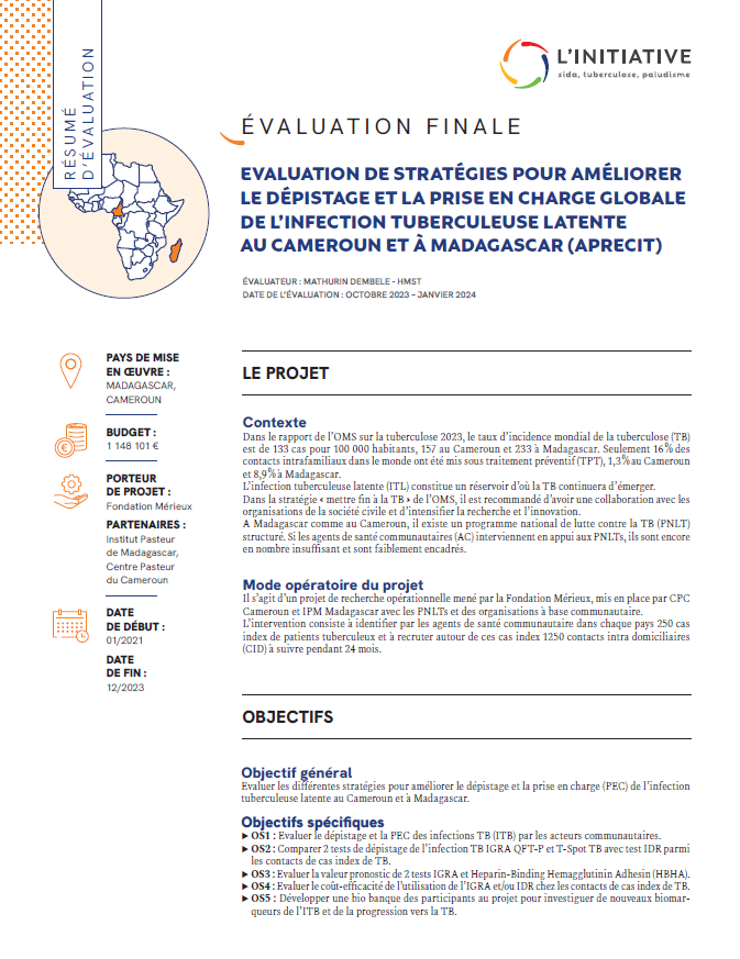 Résumé d’évaluation – Améliorer le dépistage et la prise en charge de l’infection de tuberculose latente au Cameroun et à Madagascar (APRECIT)